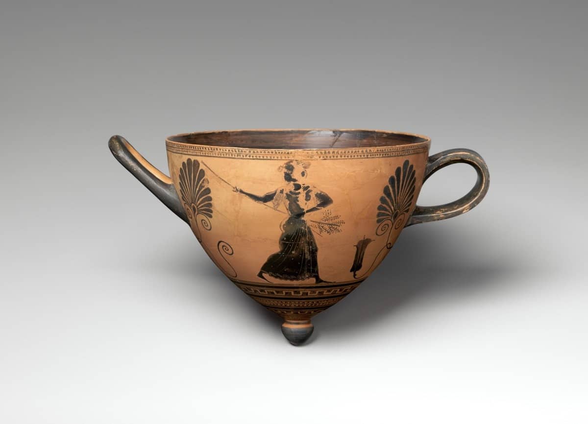 Greek terracotta mastos (drinking cup in the form of a breast), attributed to Psiax, c.a.520 B.C. Collection of the Metropolitan Museum of Art.
