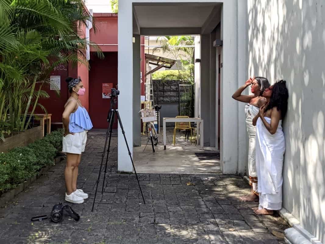 Amrita Chandradas with artists Ruby Jayaseelan and Aarthi Sankar working on a collaborative short film