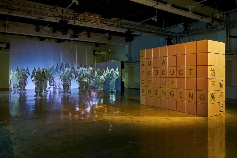 Exhibition view of Special Showcase, 222 Arts Club – (left) Game of Life, 2018 and (right) Front view of I Am A Product Of Upbringing, 2010. 