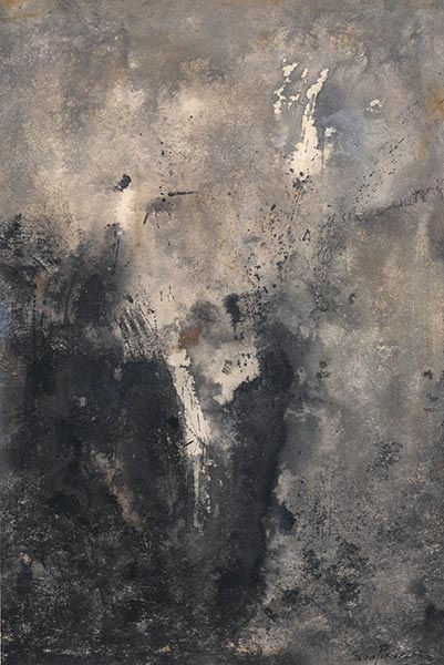 Abstract Composition (1962). Chinese ink and colour on paper, 68 x 44.5 cm. Artwork by Cheong Soo Pieng