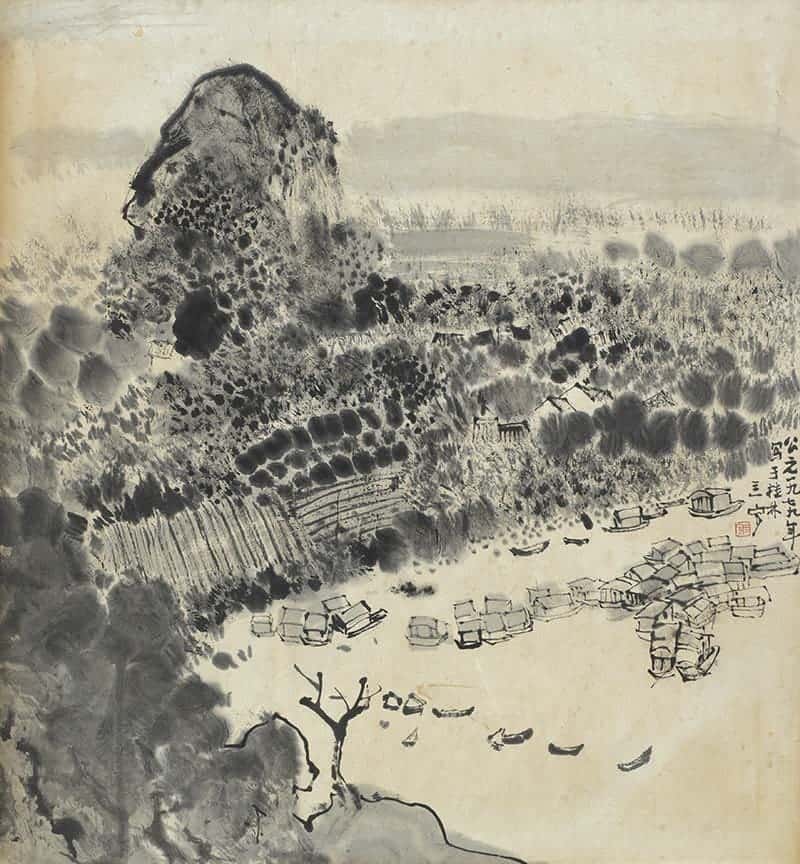 Guilin (1979). Chinese ink on paper mounted on cloth, 95 x 87 cm. Artwork by Cheong Soo Pieng