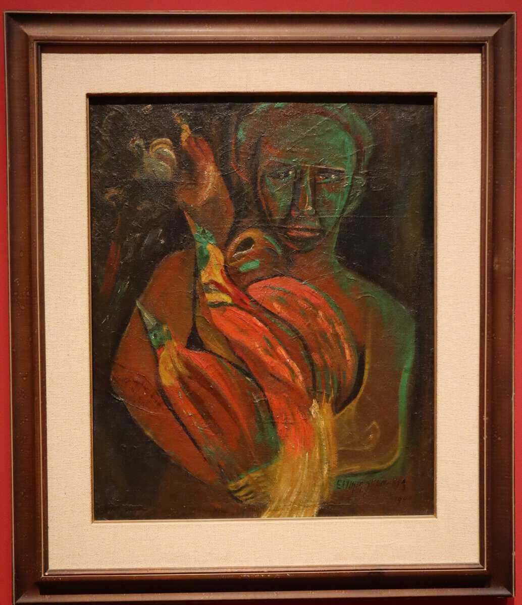 Emiria Sunassa, Orang Irian dengan Burung Tjenderawasih (Irian Man with Bird of Paradise). 1946–1948. Oil on canvas. 67.2 x 54.5 cm. Collection of National Gallery Singapore. 